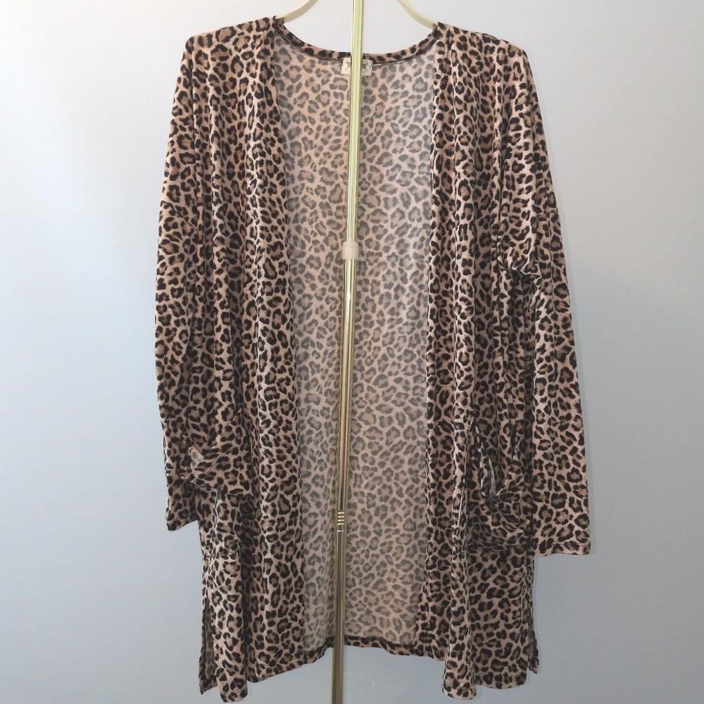 Texas True Threads Cardigan Women Large Brown Leopard Print Open Front Pockets
